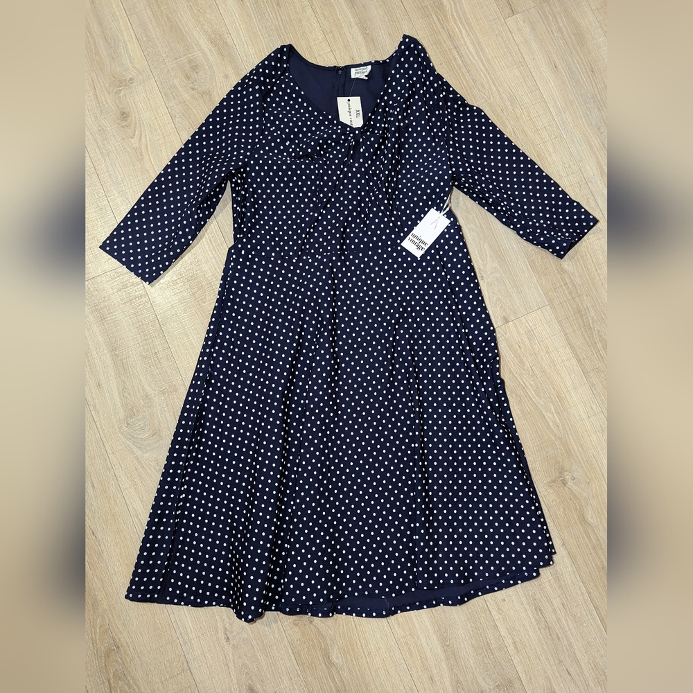 Unique Vintage Navy & White Polka Dot Long Sleeve Fit-and-Flare Dress - Picture 2 of 13